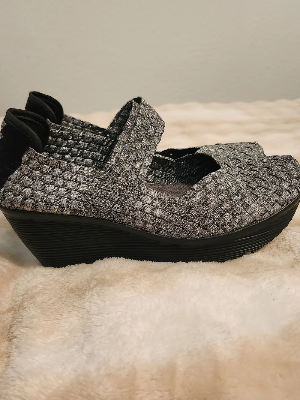 Woven Mary Jane Wedge Shoe in Gray Silver and Black